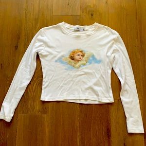 Cropped White long sleeve tshirt with Angel print XS